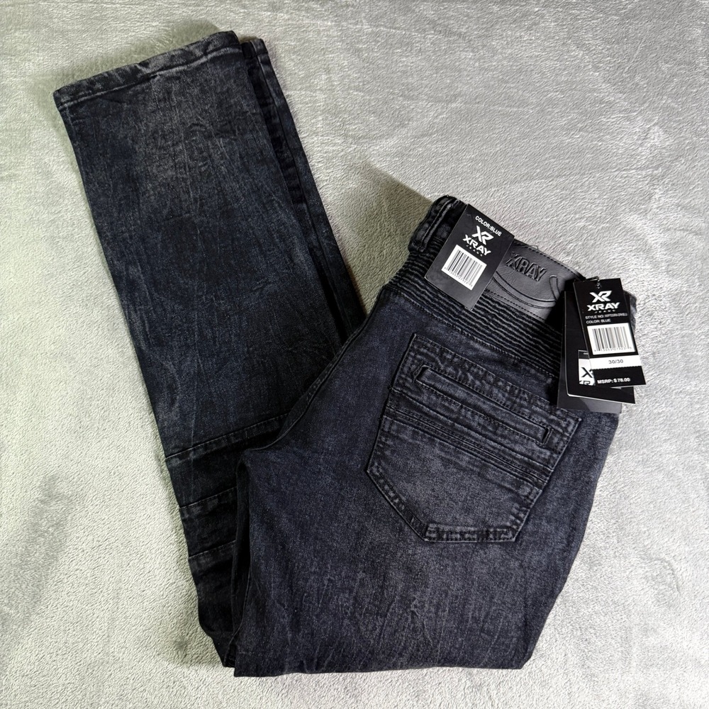X-RAY Mens Moto Biker Jeans 30x30 Dark Blue Acid Wash Ribbed Knee NWT